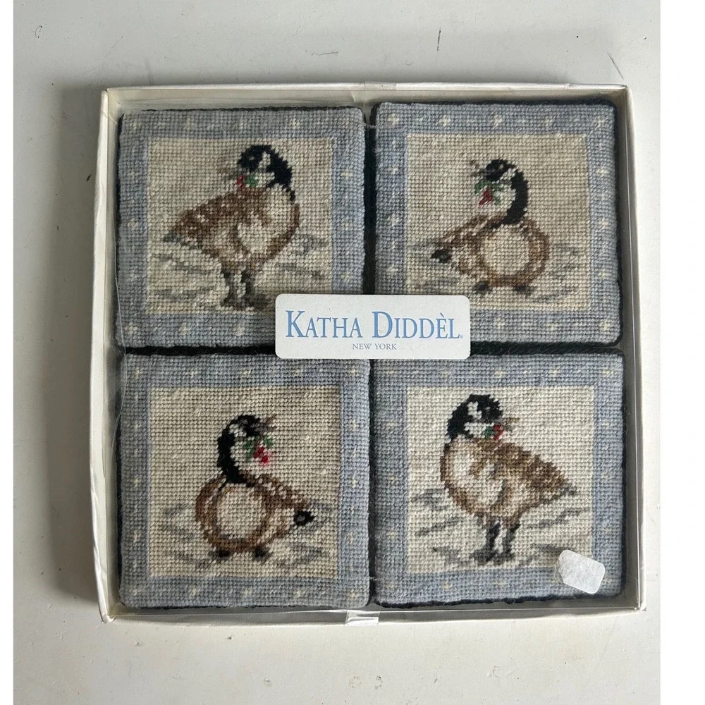 VTG Katha Diddel Cottagecore Needlepoint Coasters Set Birds Country Christmas